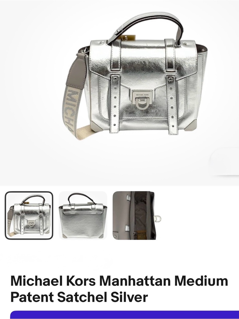Michael Kors Metallic Silver with Logo Strap. Manhattan medium.